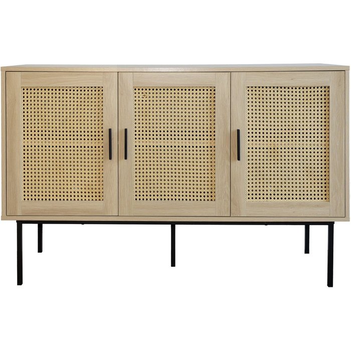 Aparador caneado con 3 puertas caneadas en madera natural 120x40x76cm