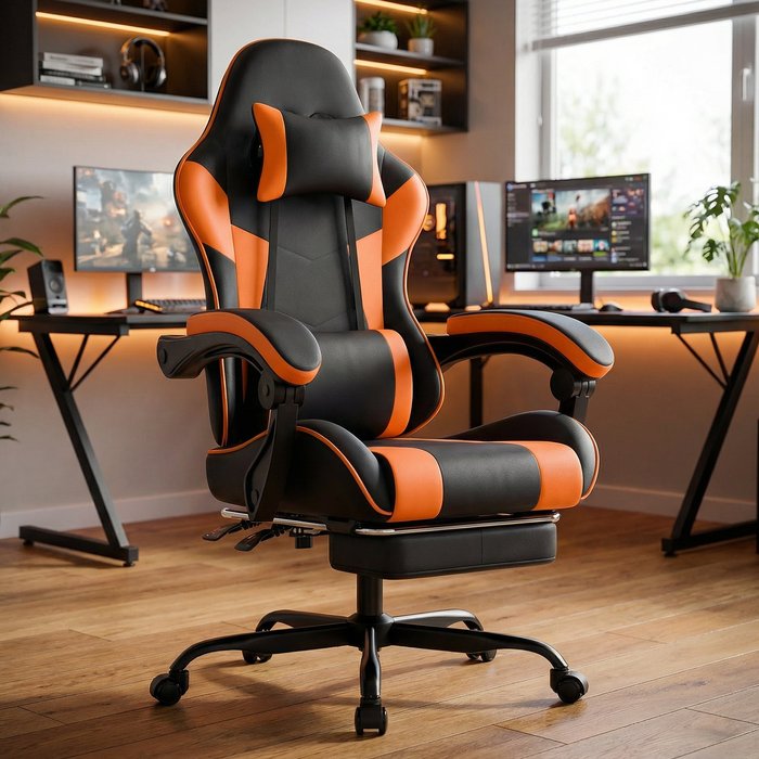 Silla gaming ergonómica, respaldo regulable, reposapiés retráctil, pvc naranja