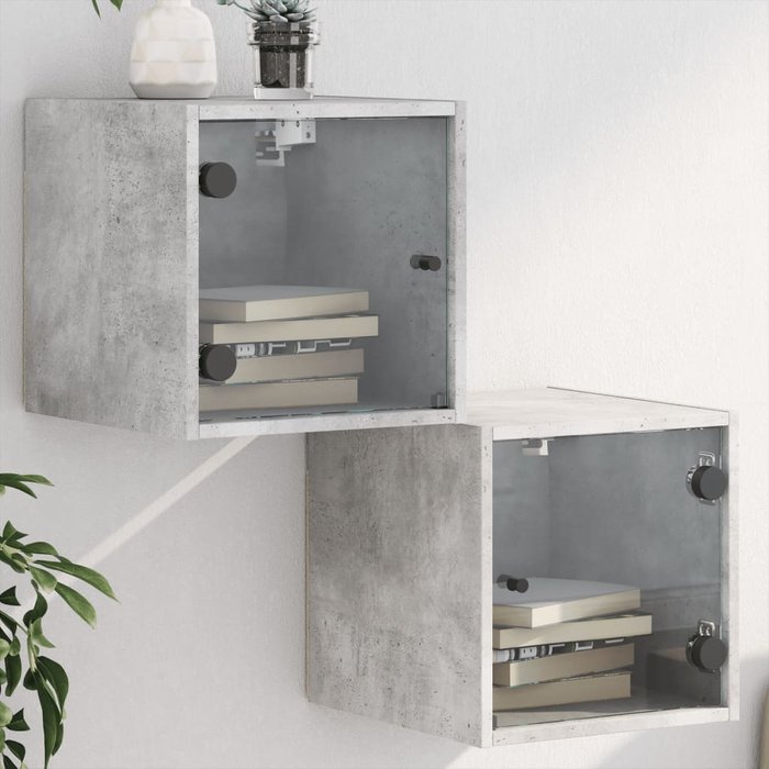 Mesitas de noche con puertas de cristal, 2 piezas, gris hormigón, 35x37x35 cm
