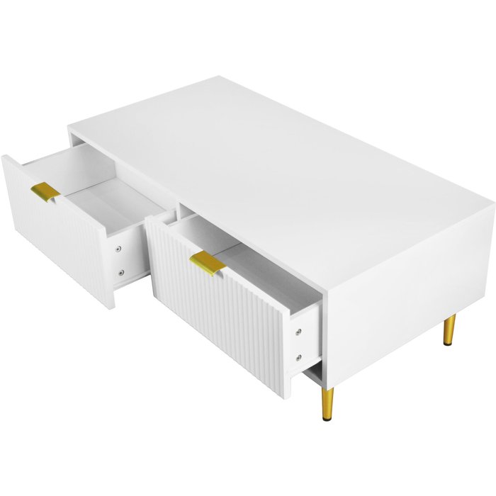 Mesa centro 100x50x40cm 2 cajones rayas verticales blanco dorado para salón