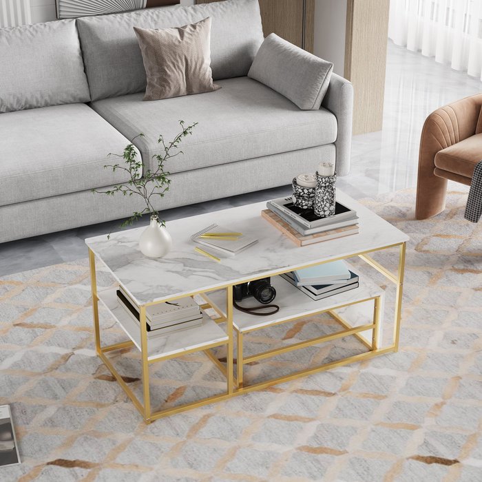 Consola de tv 2 niveles (dorado + mármol blanco) - estante abierto