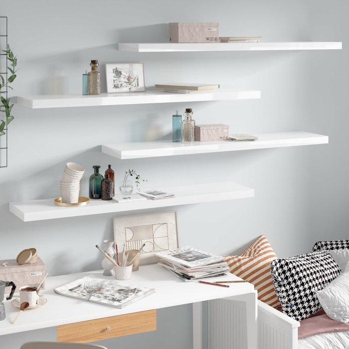 Estante flotante de pared 4uds mdf blanco brillo 120x23,5x3,8cm