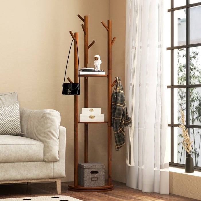 Perchero madera giratorio 167cm 9 ganchos 3 estantes entrada recibidor nogal