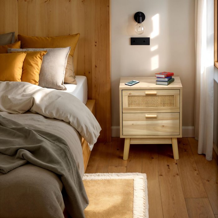 Mesita de noche debra pino - rattan 40 x 48 x 39 cm