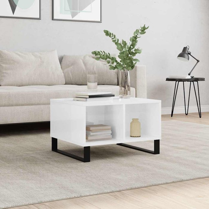 Mesa de centro, blanco brillante, 60x50x36,5 cm, madera de ingeniería. - pangivo