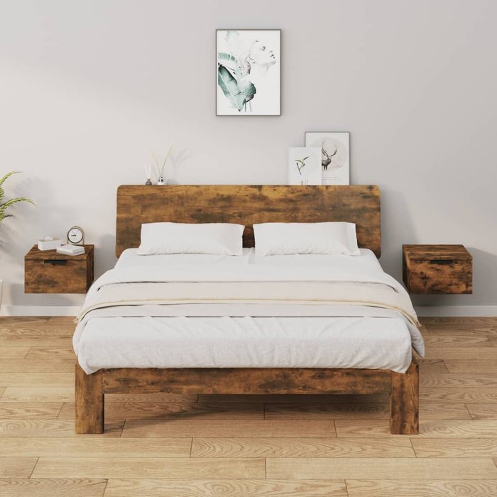 Mesitas de noche de pared 2 uds roble ahumado 34x30x20 cm