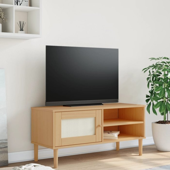 Mueble de tv senja, aspecto ratán marrón, 106x40x49cm, madera maciza de pino