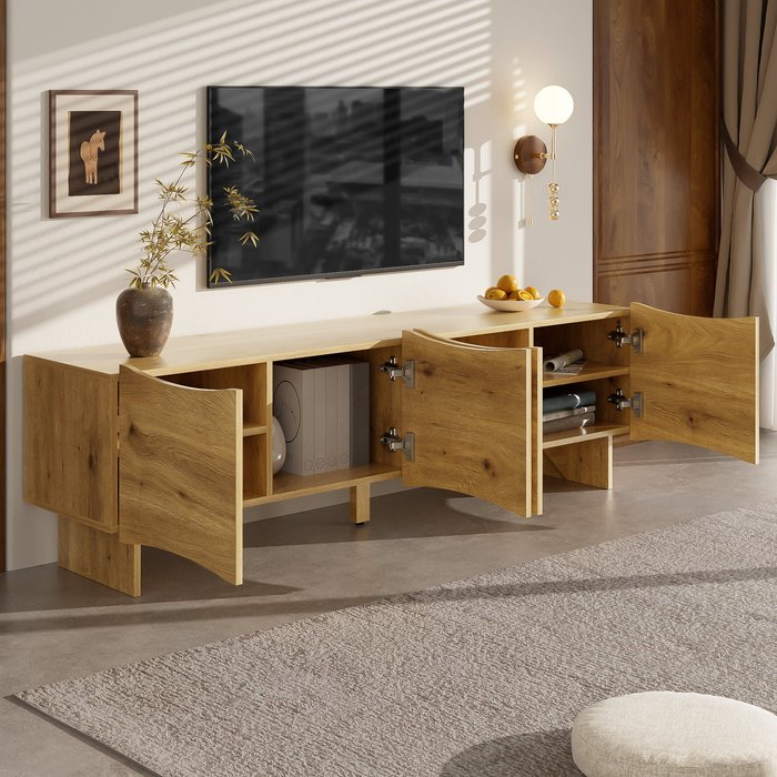 Mueble tv bajo 155x36x47cm con 4 puertas, tablero de partículas, natural