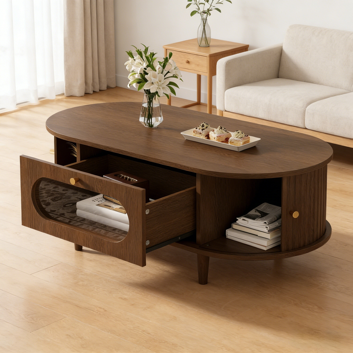 Mesa baja 100x50x36 cm, 2 puertas correderas, 1 cajón, en mdf, nogal