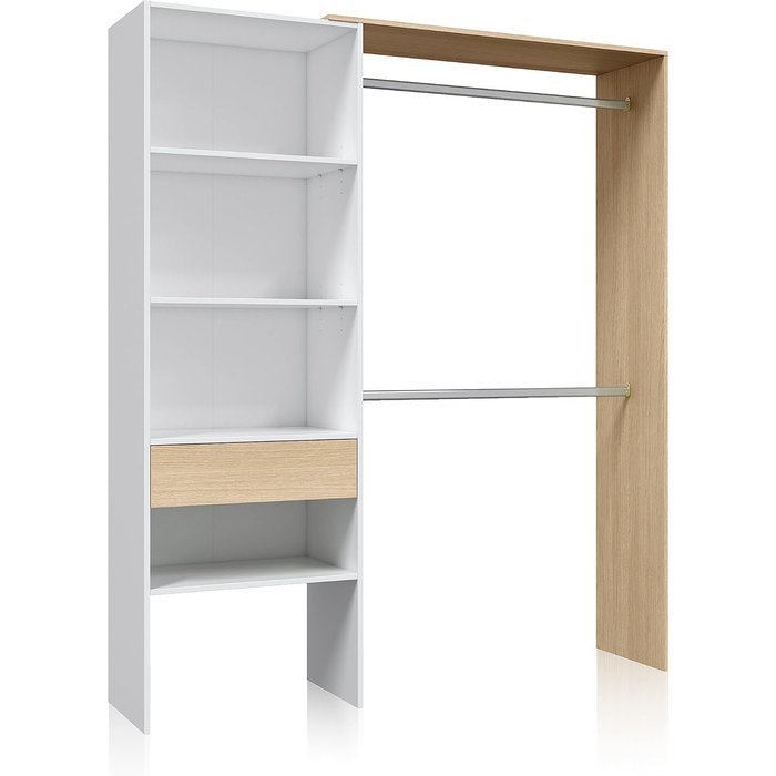 Armario vestidor con estantería 60 cm + 2 barras, color roble y blanco