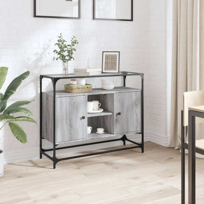 Vidaxl aparador cristal y madera ingeniería gris sonoma 98x35x81 cm
