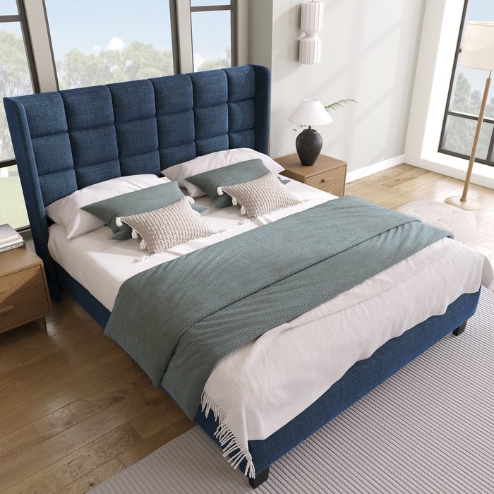 Cama tapizada en tela de lino - 140x200 cm - con cabecero y somier - azul