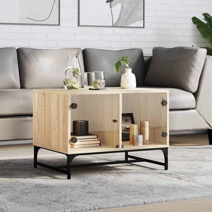 Mesa de centro con puertas de cristal roble sonoma 68,5x50x50 cm
