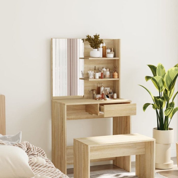 Tocador con espejo sonoma roble 74,5x40x141 cm