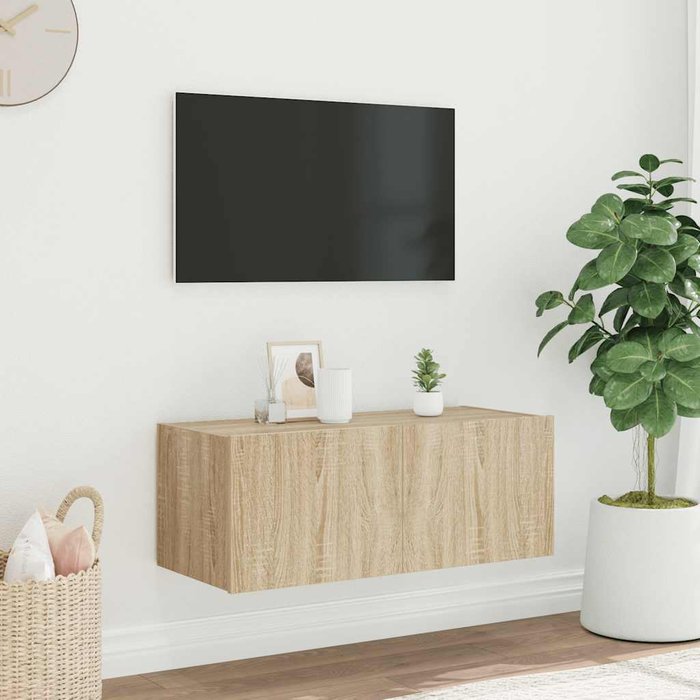 Mueble de tv de pared con luces led, acabado roble sonoma, 80x35x31 cm