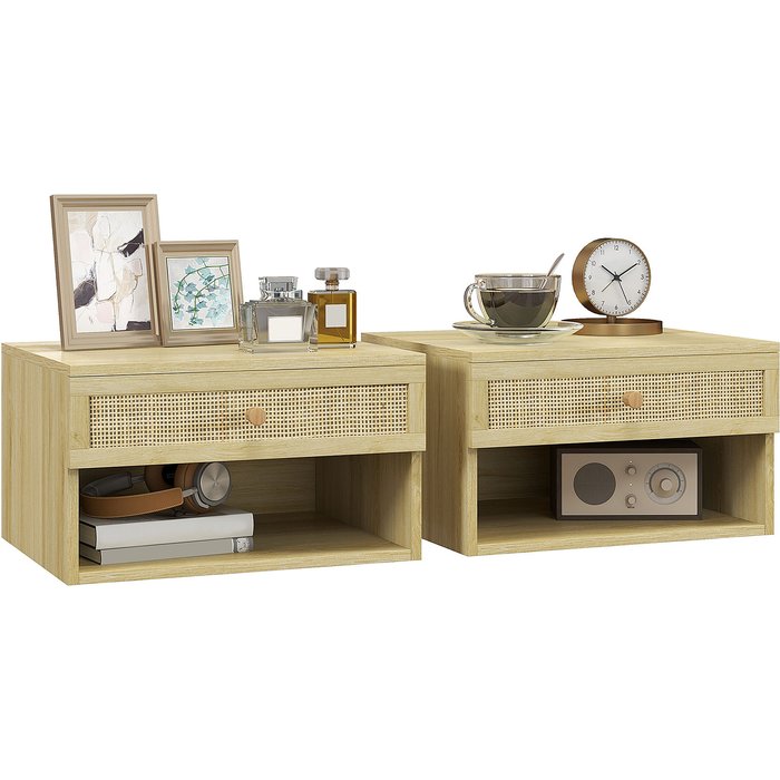 Conjunto 2 mesitas noche suspendidas cajón mimbre 40x34x23cm madera natural
