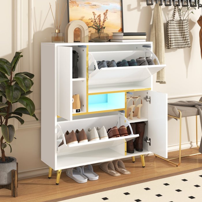 Zapatero con iluminación led/4 puertas, 80 x 25 x 96 cm, blanco