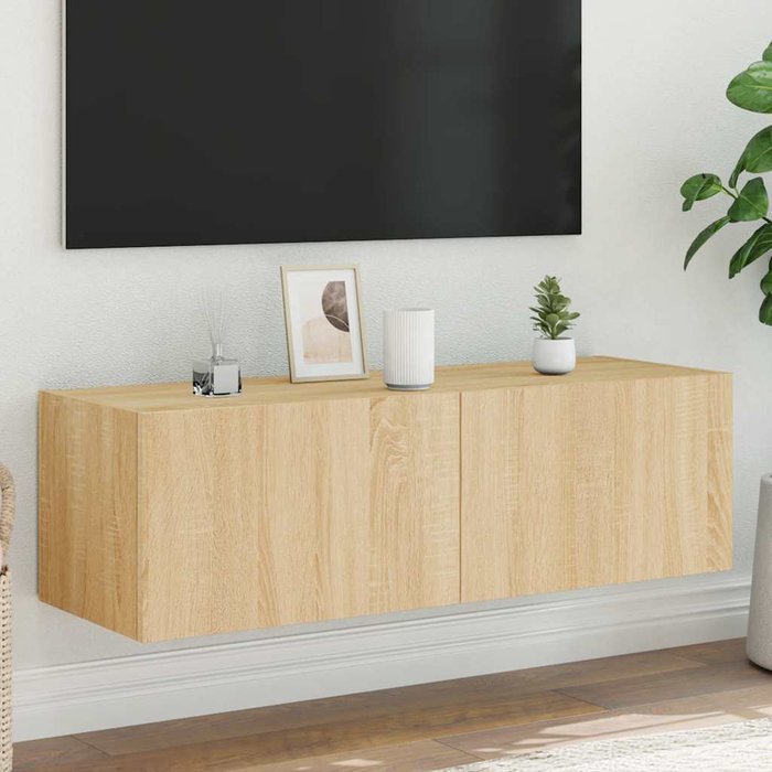 Mueble de tv de pared con luces led, acabado roble sonoma, 100x35x31 cm