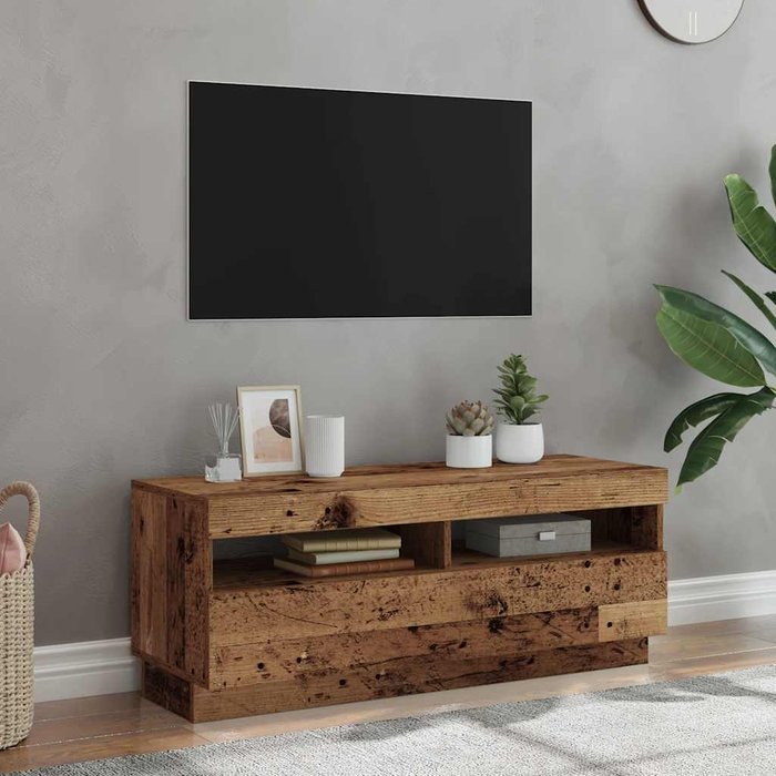Mueble tv luces led madera ingeniería envejecida 100x35x40 cm
