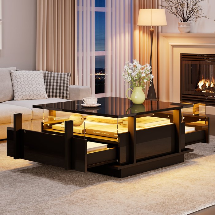 Mesa baja cuadrada 70x70x35 cm, led, 2 cajones, panel de partículas, negro