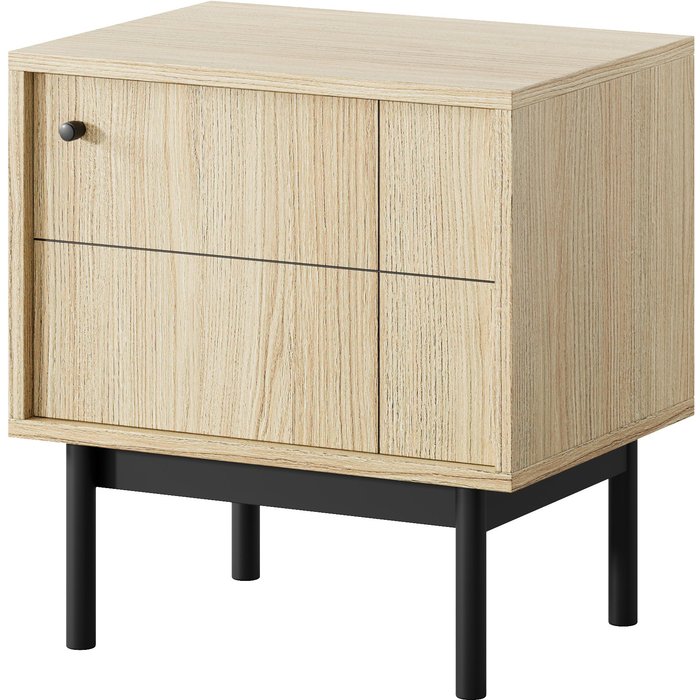 Mesita de noche: color roble linea, patas negras, 53,5 cm x 56,6 cm x 39 cm