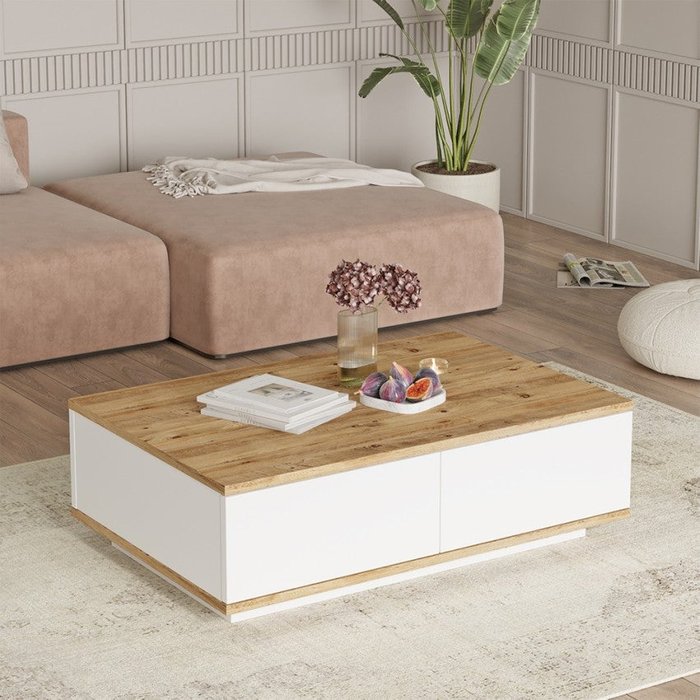 Mesa centro blanca para el salón con 2 puertas de madera 90x60 cm tynne