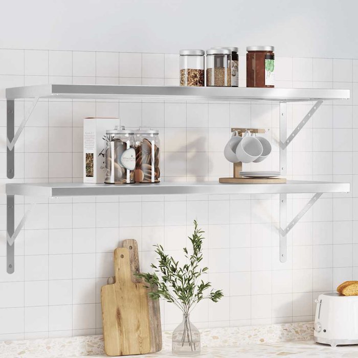 Estantería de pared de 2 piezas, 100x40 cm, acero inoxidable plateado