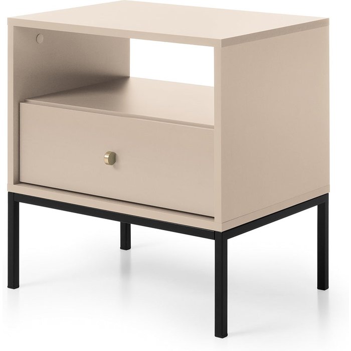 Mesita de noche, beige arena, 53,6 x 56,2 x 39 cm, patas negras