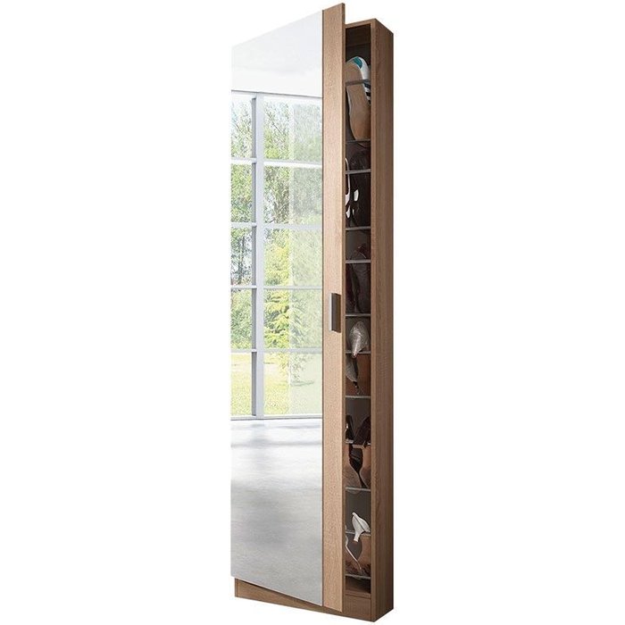 Zapatero 1 puerta y espejo en 6 alturas con 12 varillas, color roble canadian