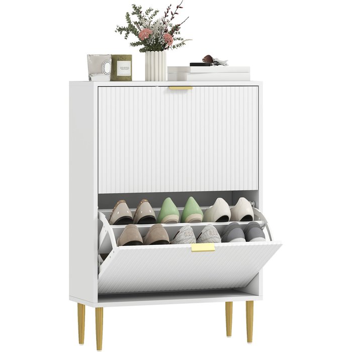 Zapatero estrecho con 2 cajones abatibles - blanco