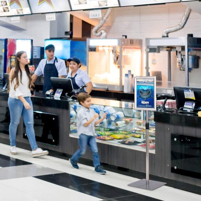 Soporte expositor a4 de pie ajustable - estructura metálica plateada profesional