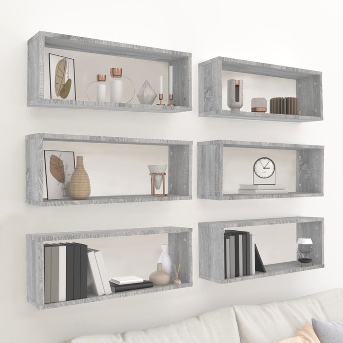 Estantería de pared cúbica de 6 piezas, gris sonoma, 60x15x23 cm, madera