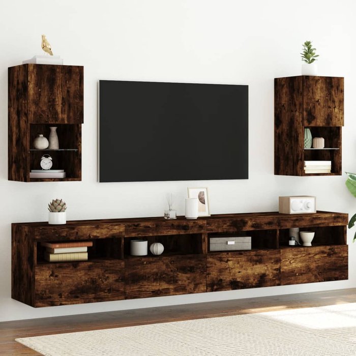 Mueble de tv con luces led, 2 piezas, roble ahumado, 30,5x30x60 cm