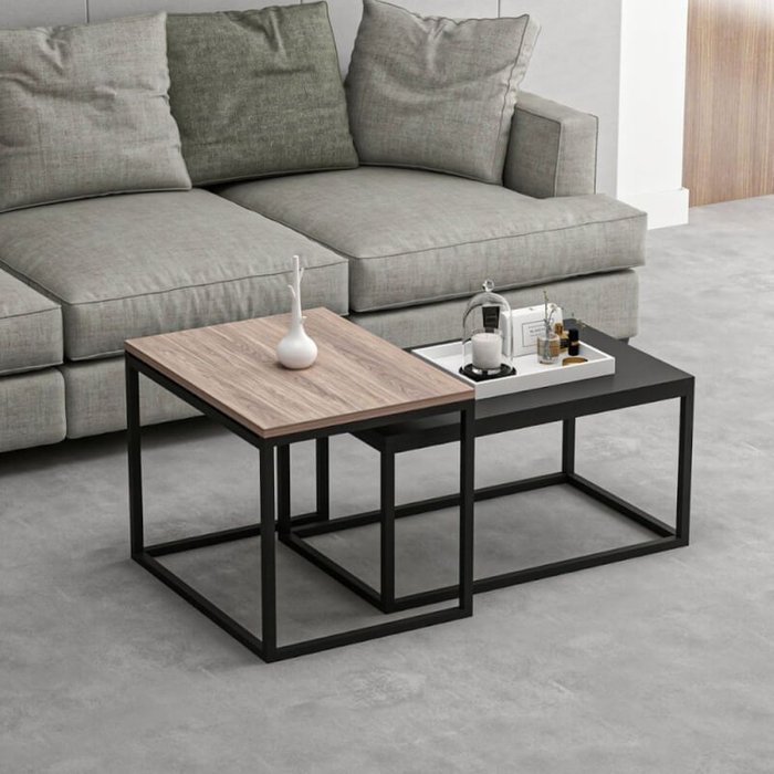 Conjunto de mesa de centro leka negro y nogal con estructura de metal