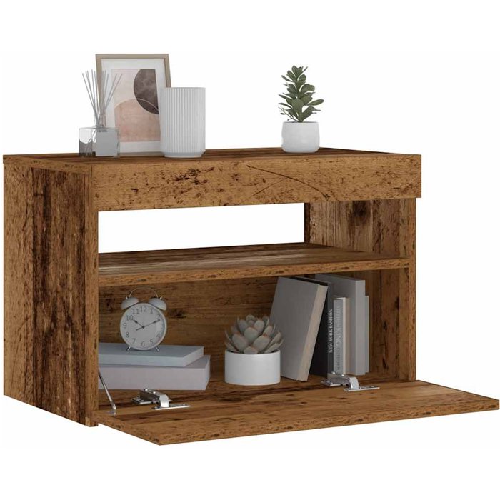 Mesita de noche con luces led de madera antigua de ingeniería de madera