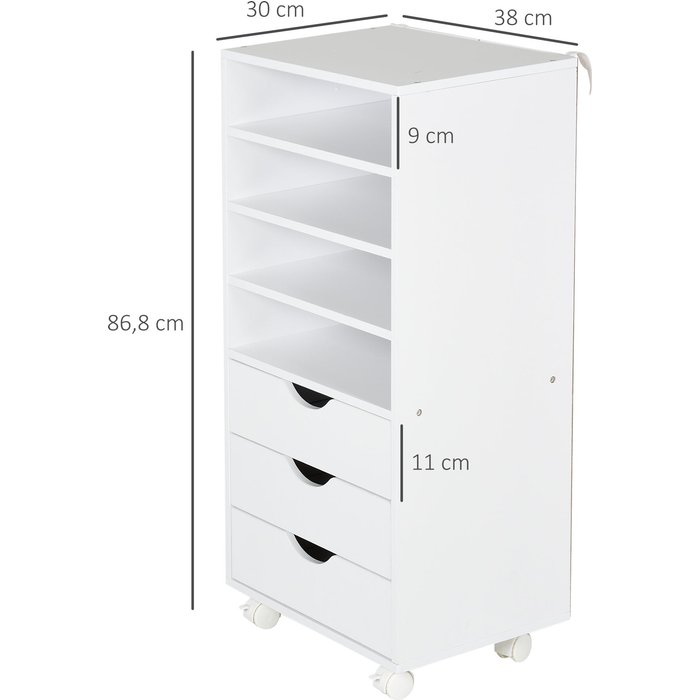 Mueble auxiliar oficina móvil 3 cajones 4 estantes ruedas 40x30x83cm blanco