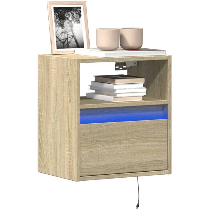 Mueble de tv de pared con luces led, acabado roble sonoma, 41x31x45 cm