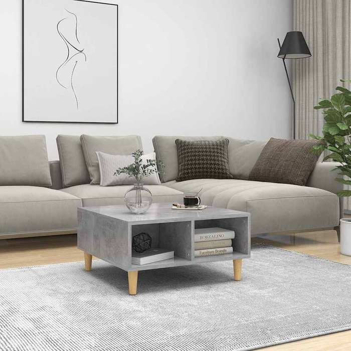 Mesa de centro gris hormigón de 60x60x30 cm, fabricada en madera de ingeniería.