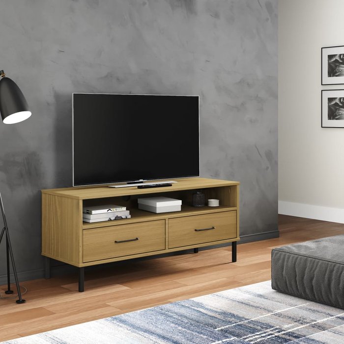 Mueble de tv con patas de metal, marrón, madera maciza de pino, oslo