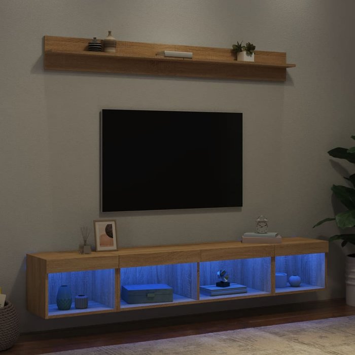 Muebles tv pared con led 5 pzas madera ingeniería roble sonoma