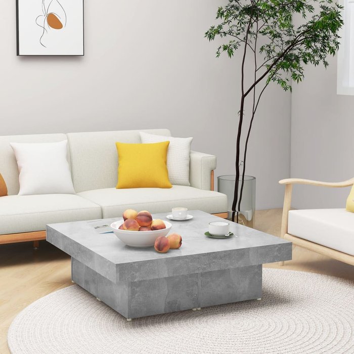 Mesa de centro gris hormigón de 90x90x28 cm, fabricada en madera de ingeniería.