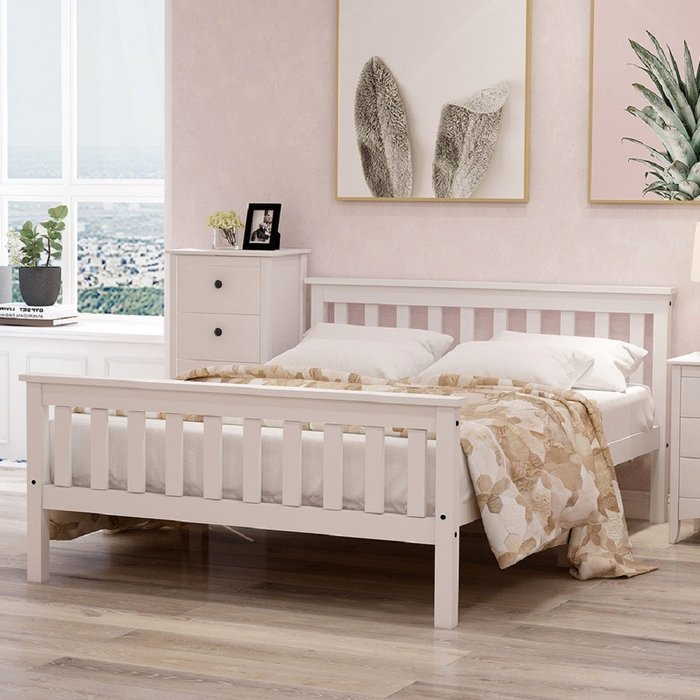 Cama con cabecero - 140 x 200 cm - madera maciza - somier - blanco