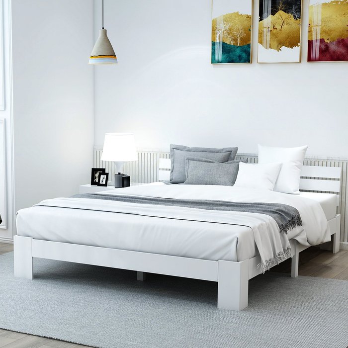 Cama para adultos de madera maciza con somier de láminas - 140x200 cm - blanco -