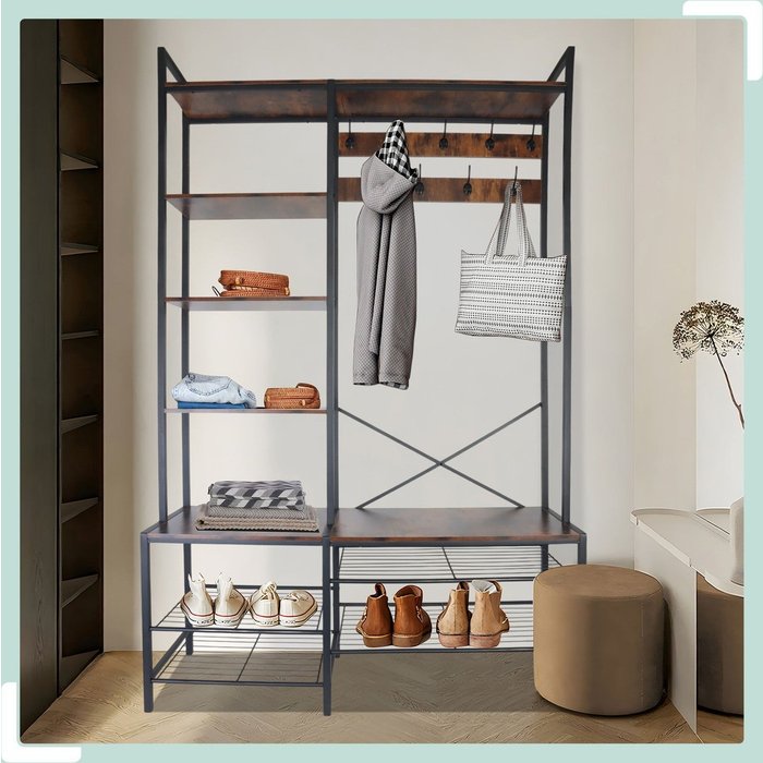 Perchero industrial con banco para zapatos y estante para sombreros