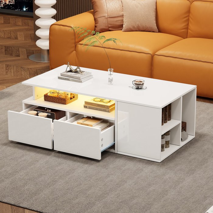 Mesa de centro 100x50x35 cm - móvil led y 2 cajones - blanco