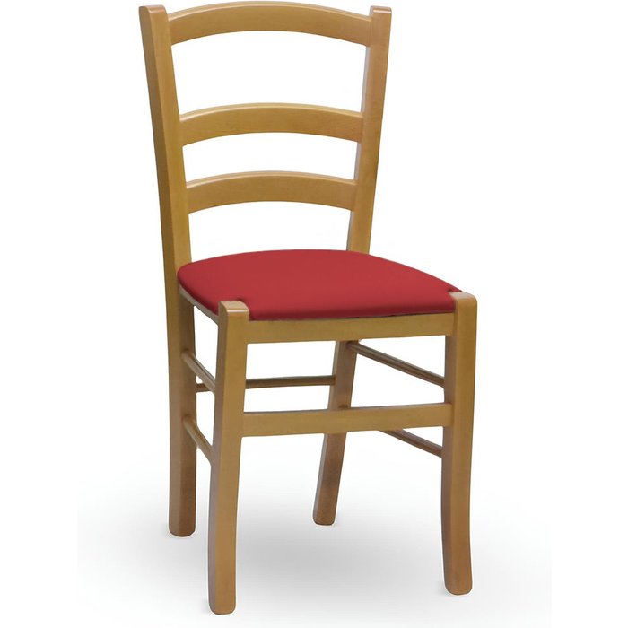 Silla venecia de madera de nogal claro con asiento tapizado en símil piel roja