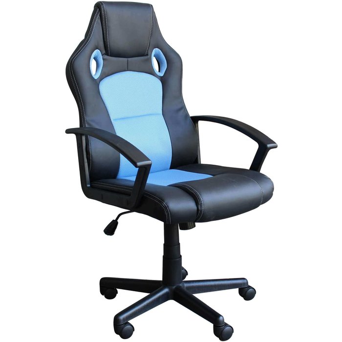 Sillón ergonómico de oficina y gaming en piel negra y tejido azul claro stark