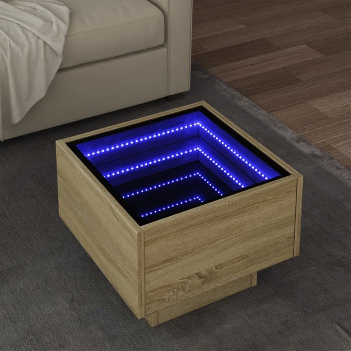 Mesa auxiliar roble sonoma y led 40x40x30 cm madera contrachapada
