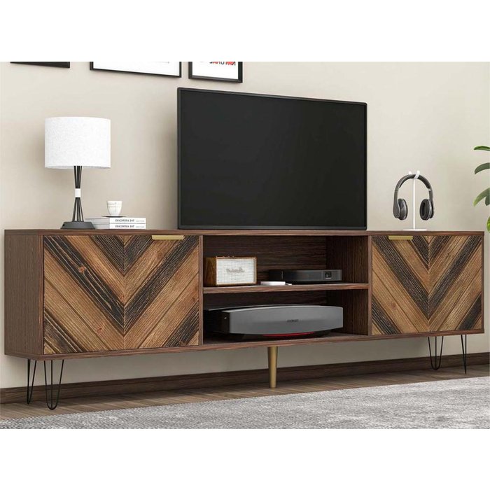 Mueble de tv de 160 cm - 2 compartimentos y 2 puertas - madera maciza - marrón