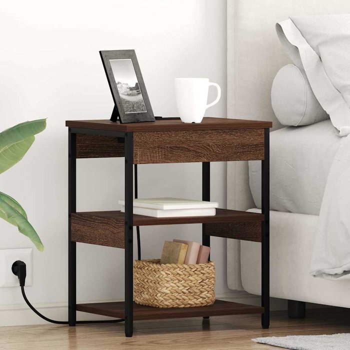 Mesilla de noche, roble marrón, 41 x 31 x 51 cm, madera de ingeniería